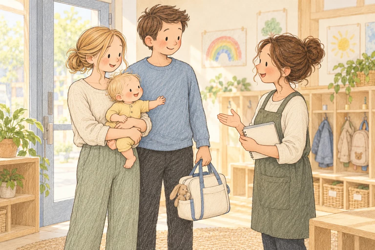 Parents holding their awake baby discuss the nursery day with a caregiver carrying a notebook.
