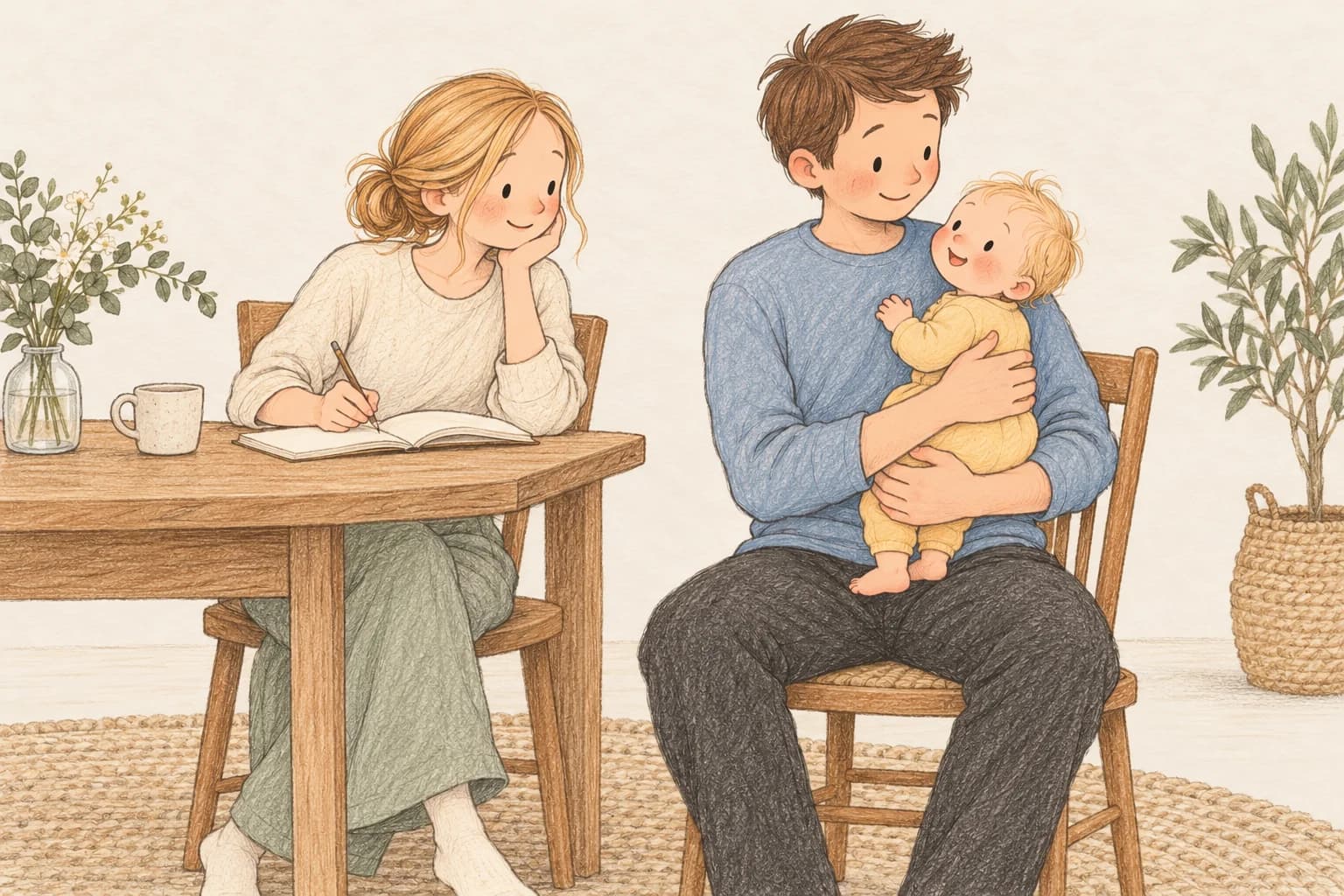An awake father supports his alert baby upright after a feed while the mother makes a note.