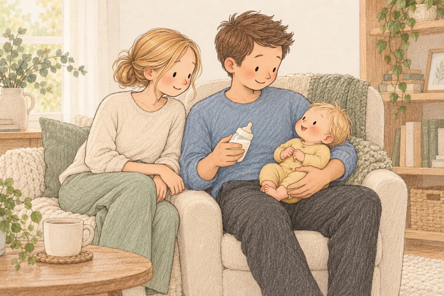A father securely holds his awake baby during a bottle-feeding pause while the mother sits beside them.