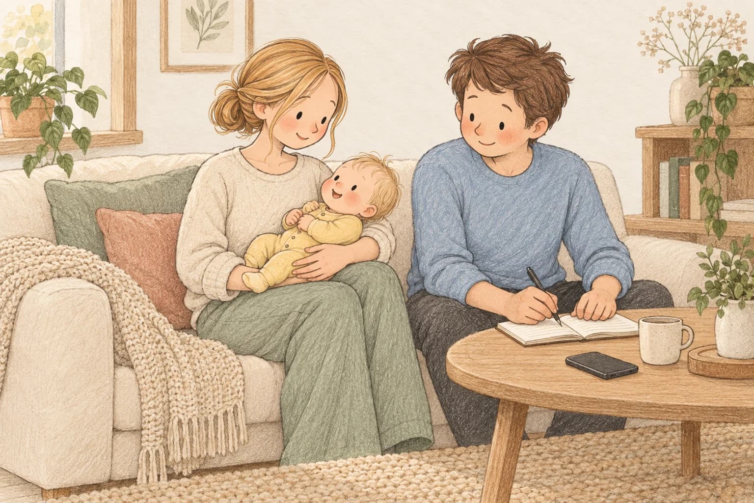 An awake mother holds her baby while the father records an observation in a notebook.