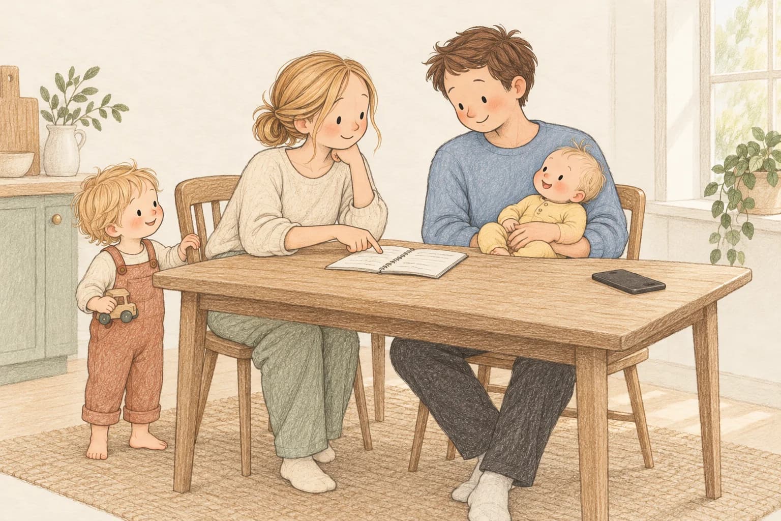 Parents review a shared routine notebook while their awake baby rests safely in the father’s arms and their toddler stands nearby.