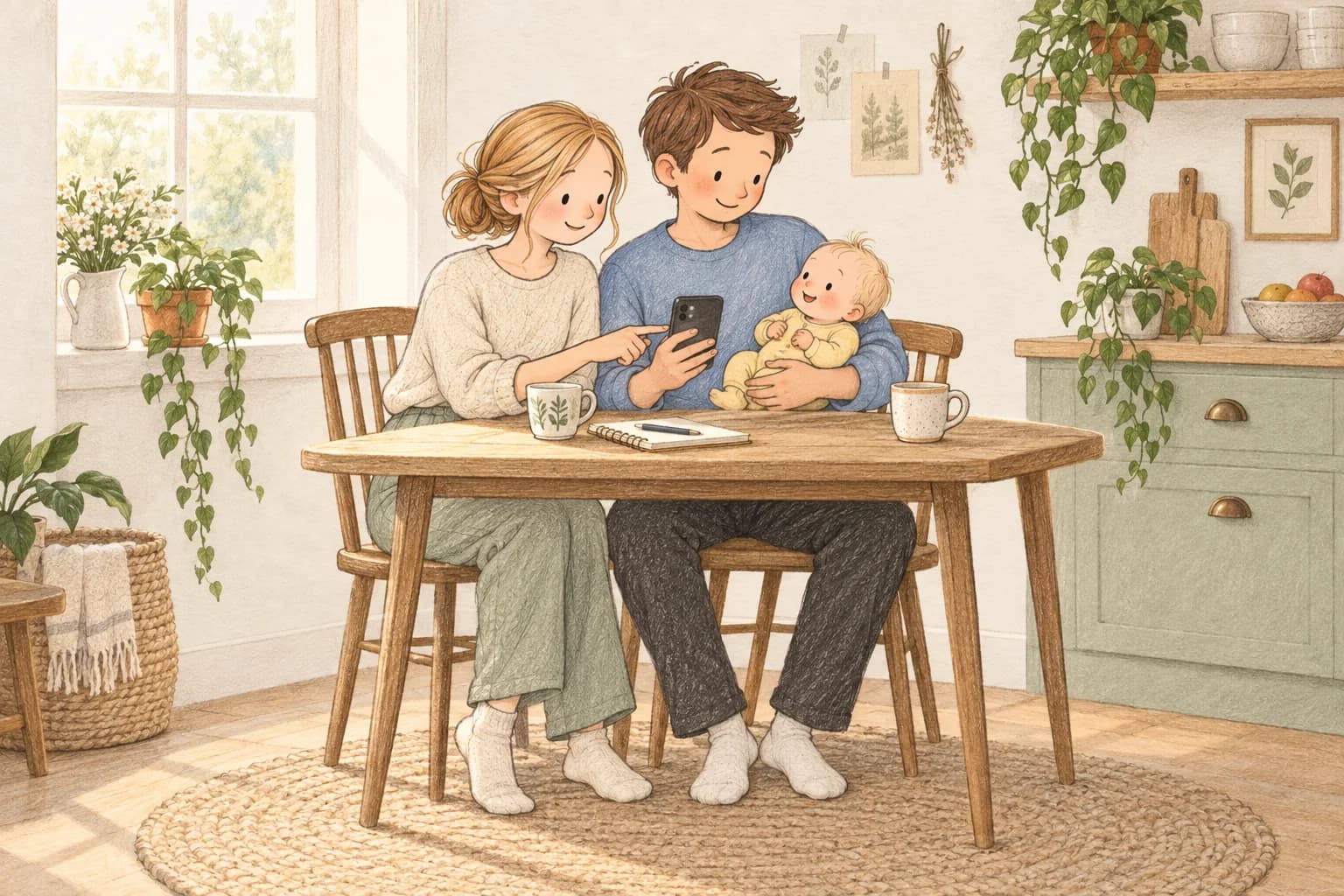 Parents reviewing a phone together while the father holds their awake baby at a kitchen table.
