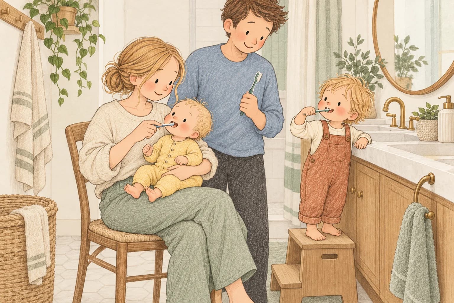 A seated mother gently brushes her awake baby’s teeth while the father supervises their toddler nearby.