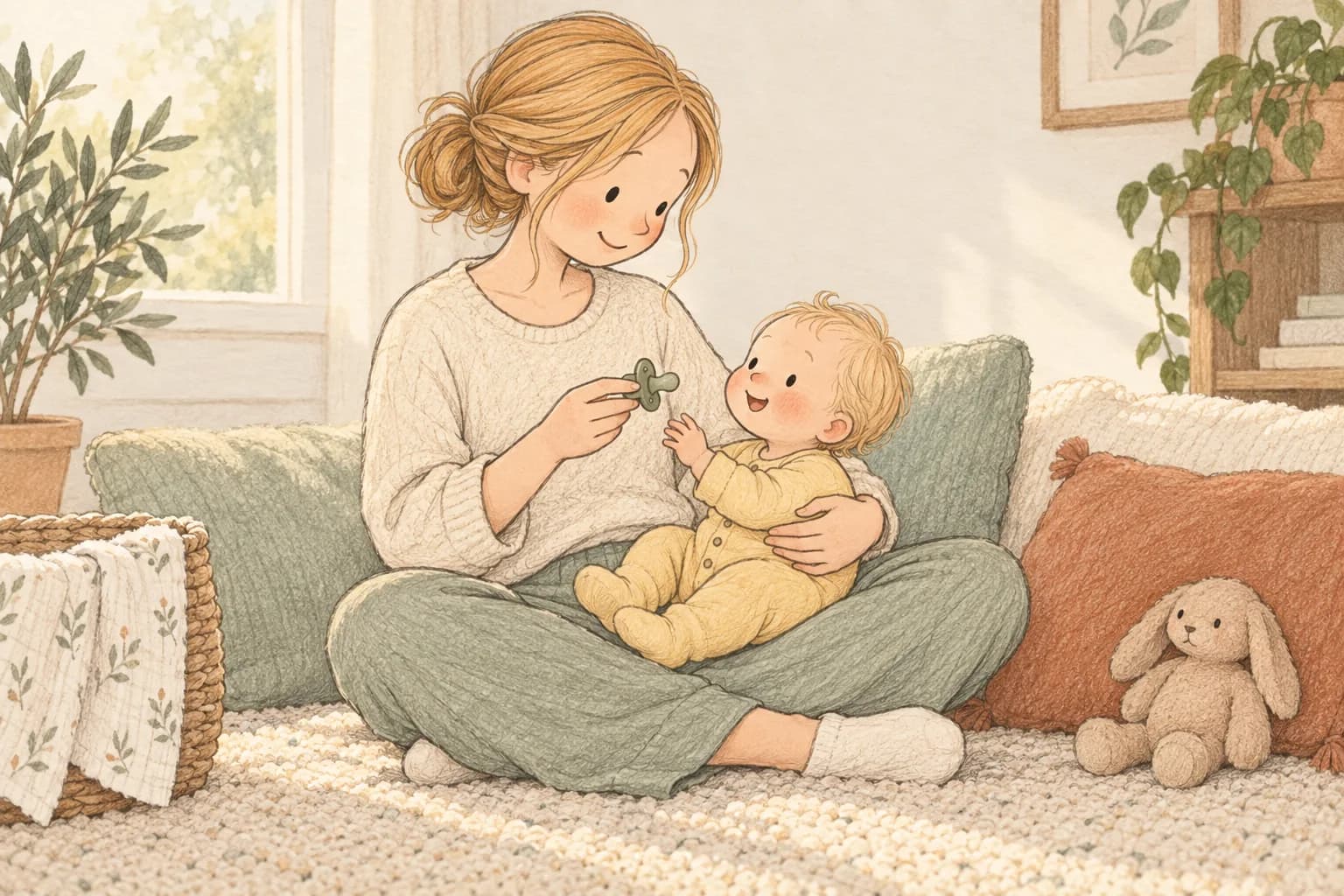An awake mother holds her alert baby and offers a plain sage pacifier without attachments.