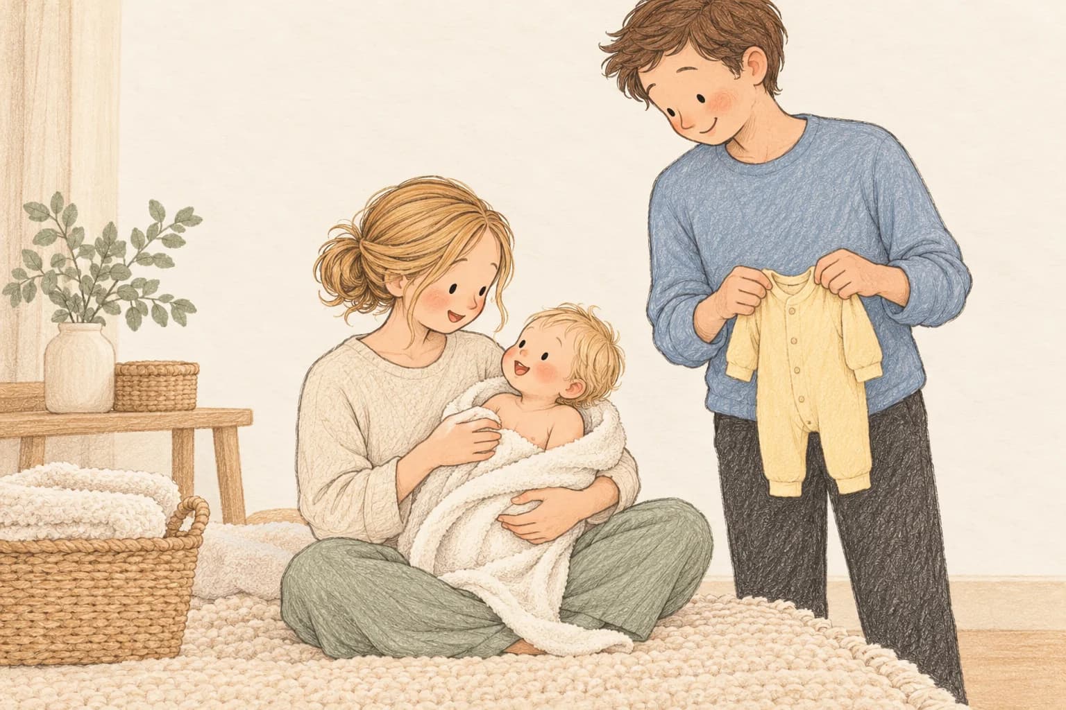 A mother securely holds her awake baby wrapped in a towel after a bath while the father brings clean clothes.