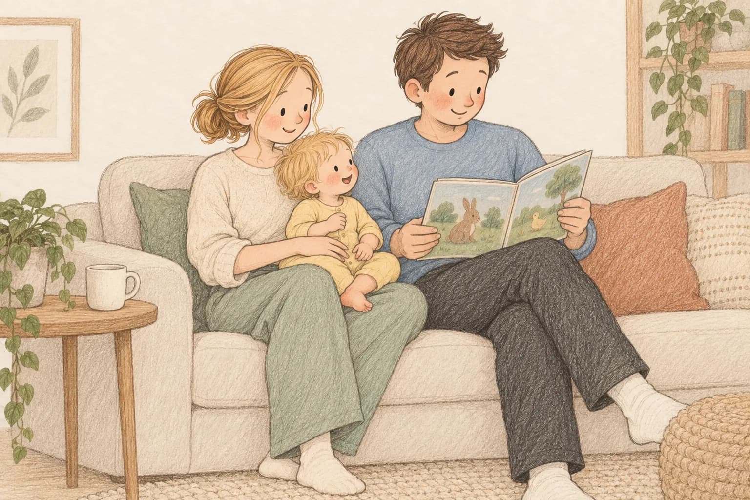 A mother cuddles her awake toddler on her lap while the father shares a picture book.