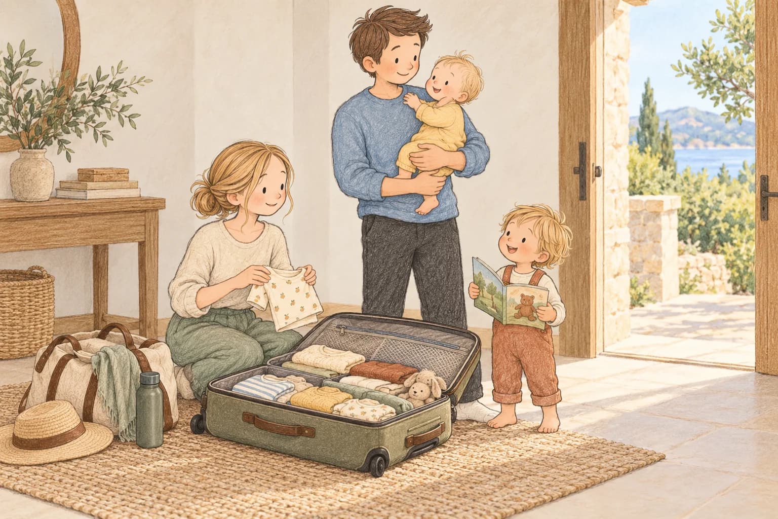 A family unpacks baby clothes for a holiday while the father securely holds their awake baby.