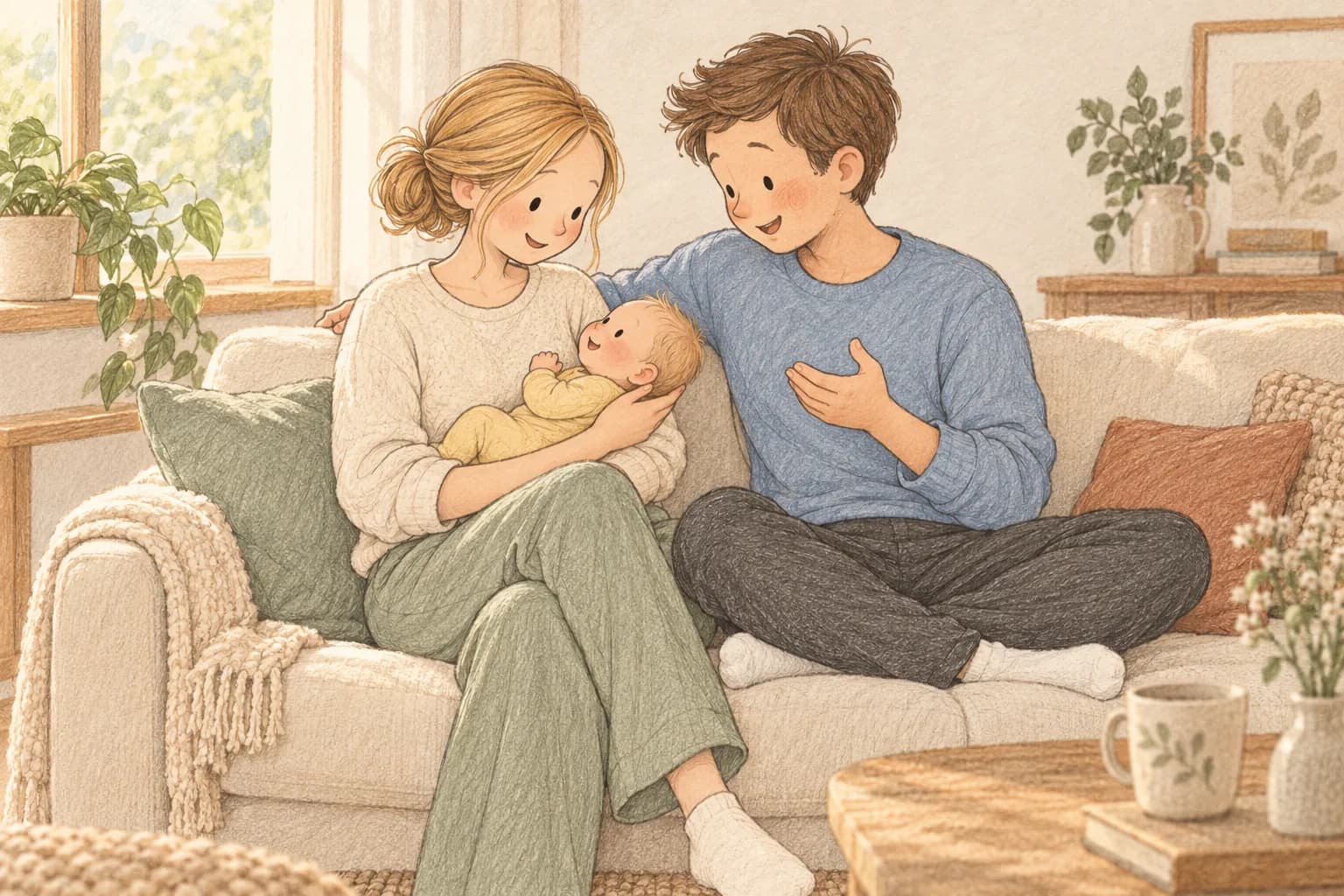 An awake mother cradles her alert newborn with head and neck supported while the father talks beside them.