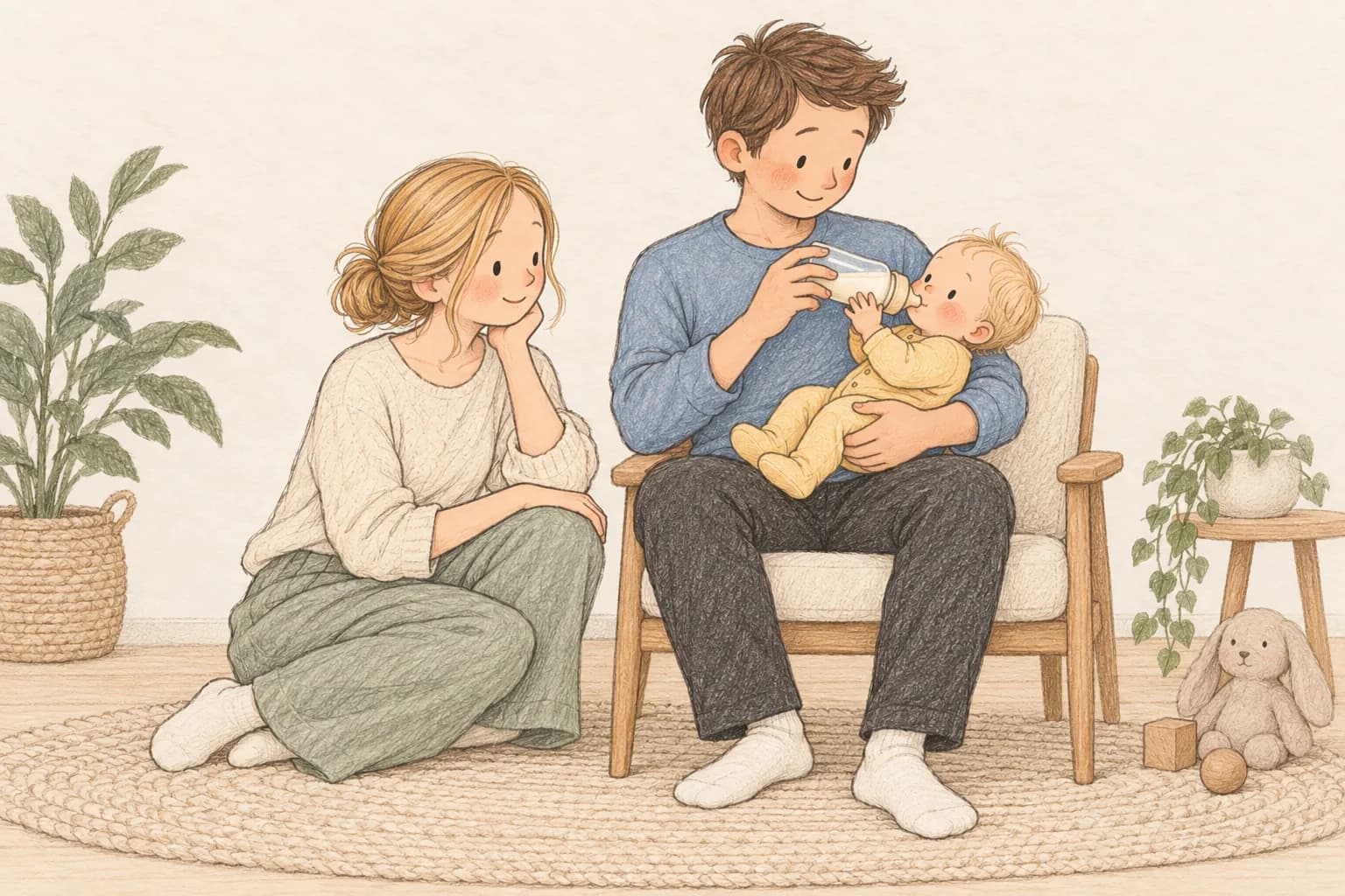 A father holds an almost-horizontal bottle for his awake, semi-upright baby while supporting their head and body.