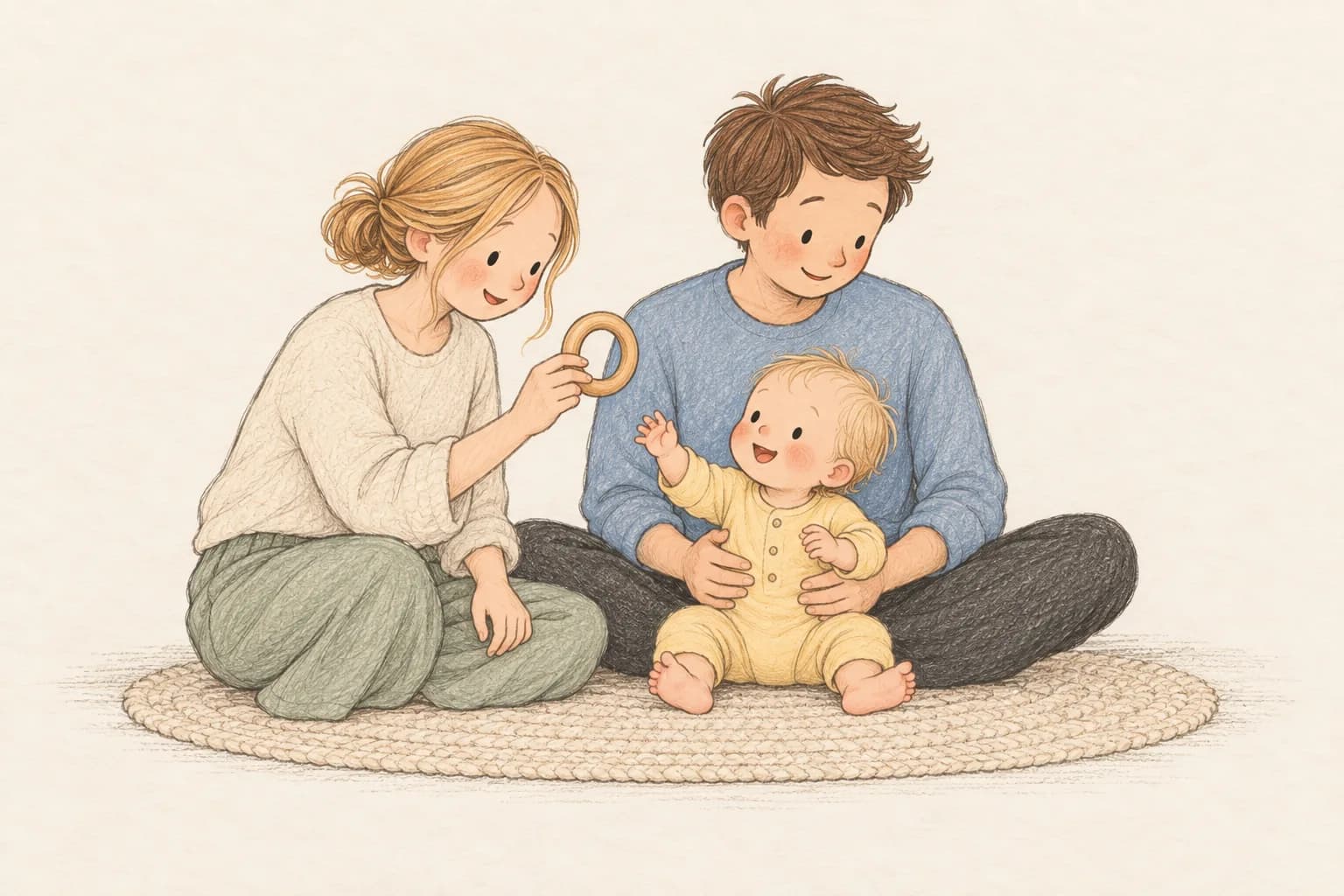 A father supports his awake baby at the trunk on a floor mat while the mother holds a large toy ring.