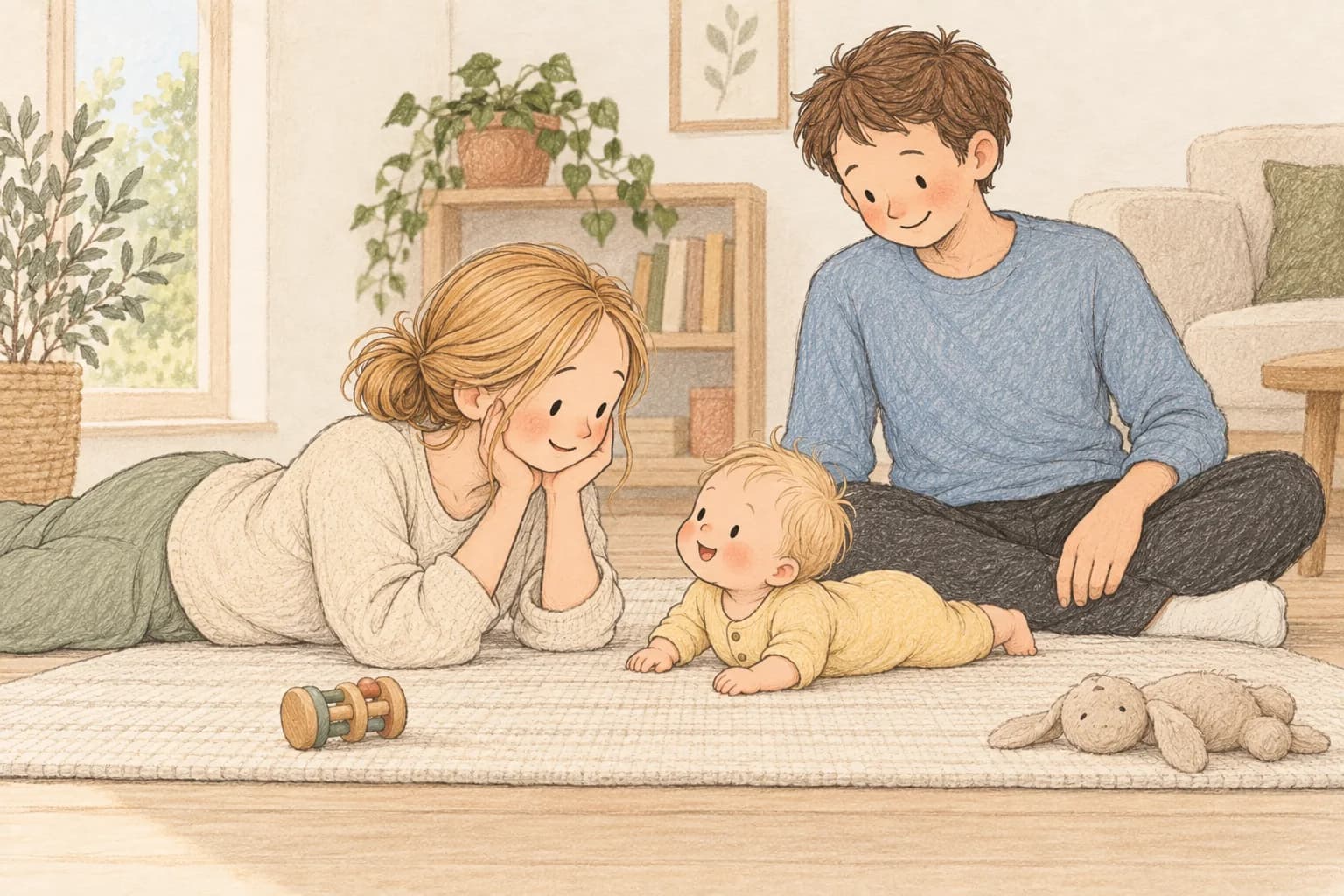 An awake baby enjoys tummy time on a floor mat while both parents watch closely.