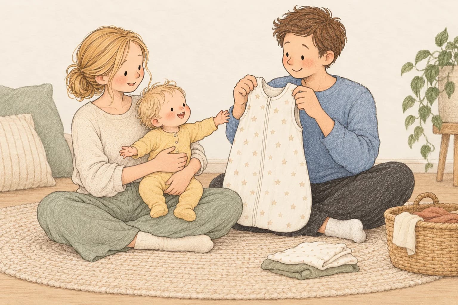 A mother holds her awake baby with arms free while the father holds an empty ordinary sleep sack.