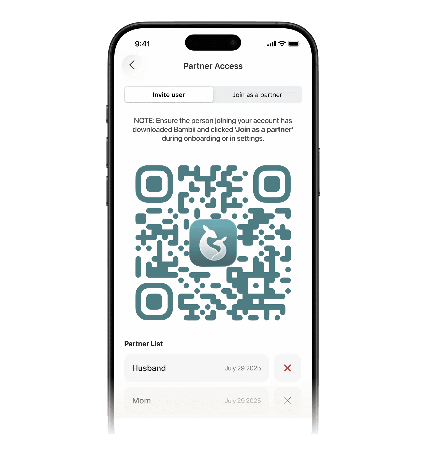 iPhone showing Bambii Partner Access screen with a QR code to invite a partner and a partner list below