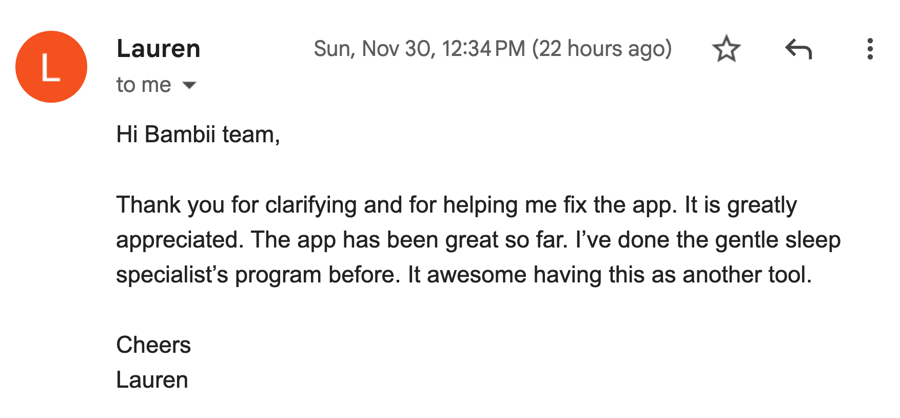 Email from Lauren — The app has been great so far