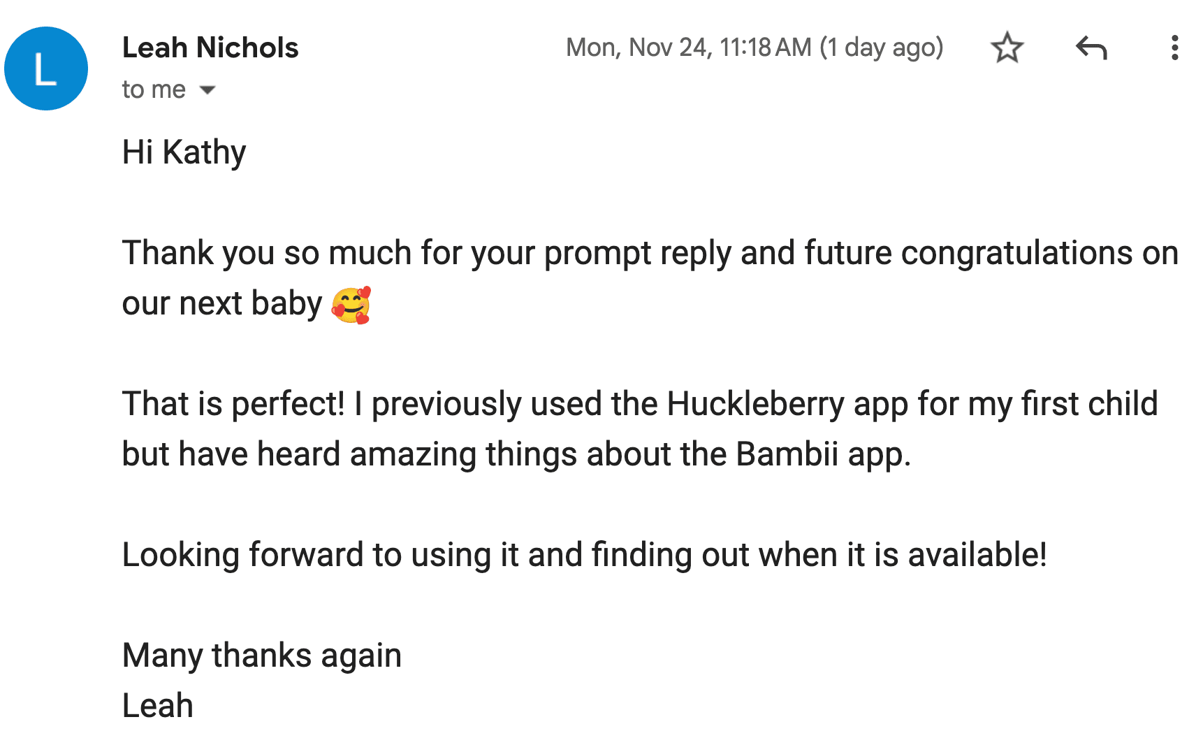 Email from Leah Nichols — heard amazing things about the Bambii app