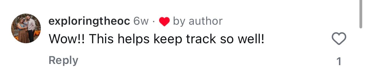 Instagram comment from @exploringtheoc — Wow!! This helps keep track so well!