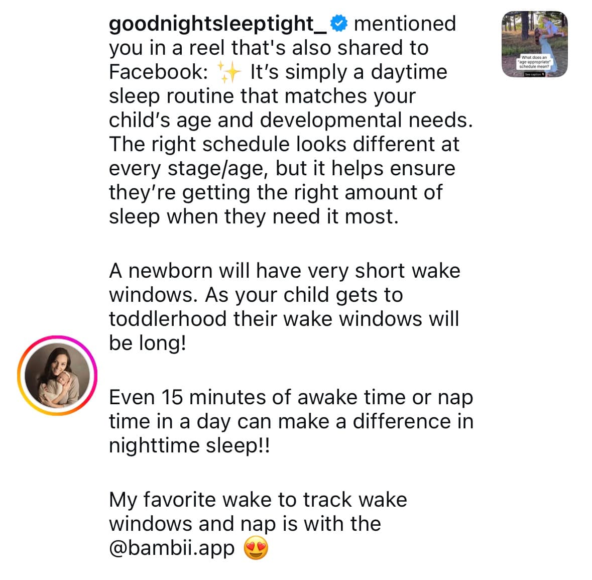 Instagram post from @goodnightsleeptight_ — My favorite way to track wake windows and naps is with @bambii.app