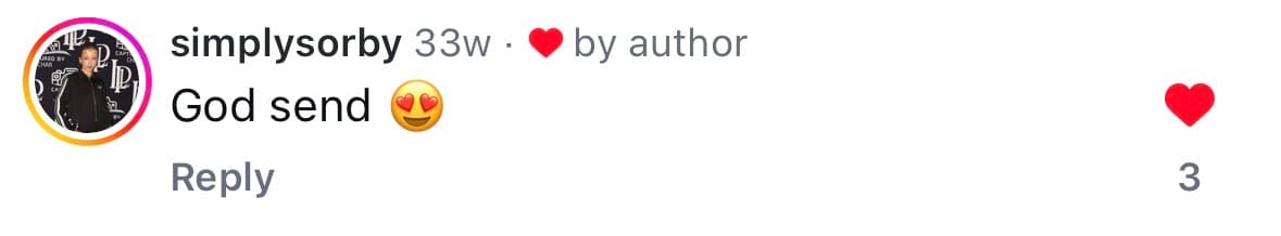 Instagram comment from @simplysorby — God send