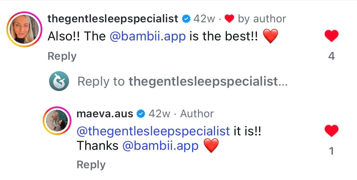 Instagram comment from @thegentlesleepspecialist — The @bambii.app is the best!!