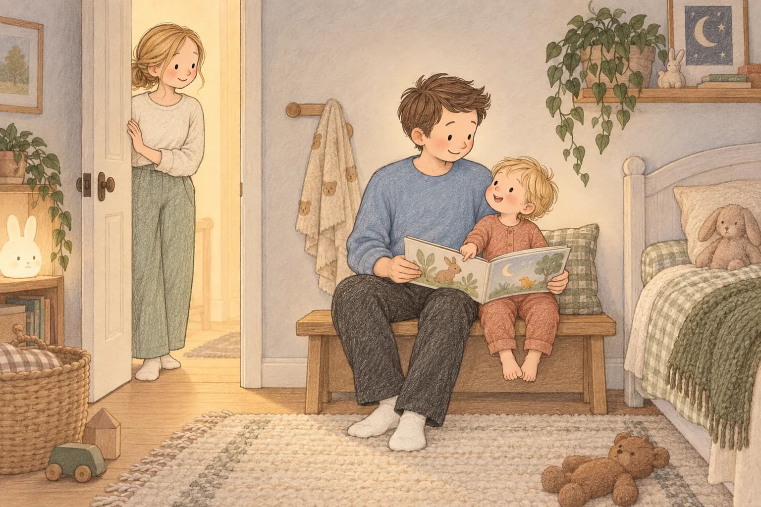 A father reads a picture book with his toddler before bedtime while the mother smiles from the doorway.