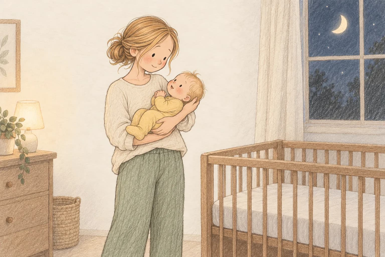 Storybook illustration of a mother holding her four-month-old baby during a nighttime check-in beside a clear crib.