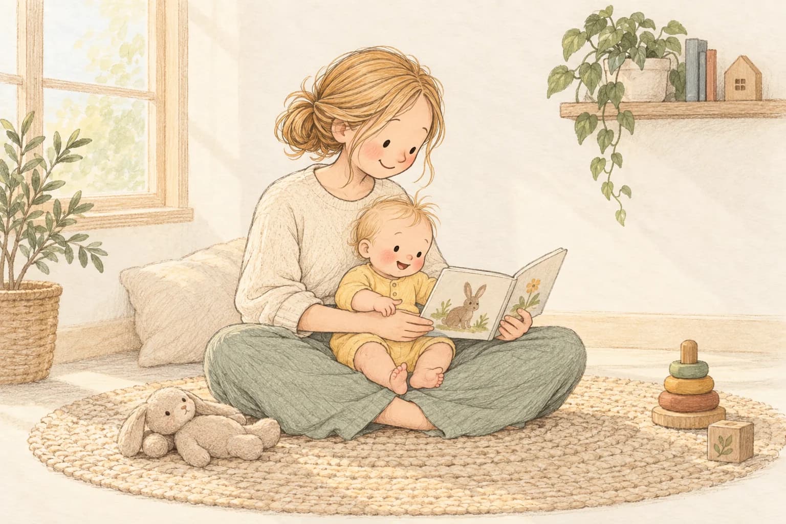 Storybook illustration of a mother reading with her seven-month-old baby during a calm daytime routine.