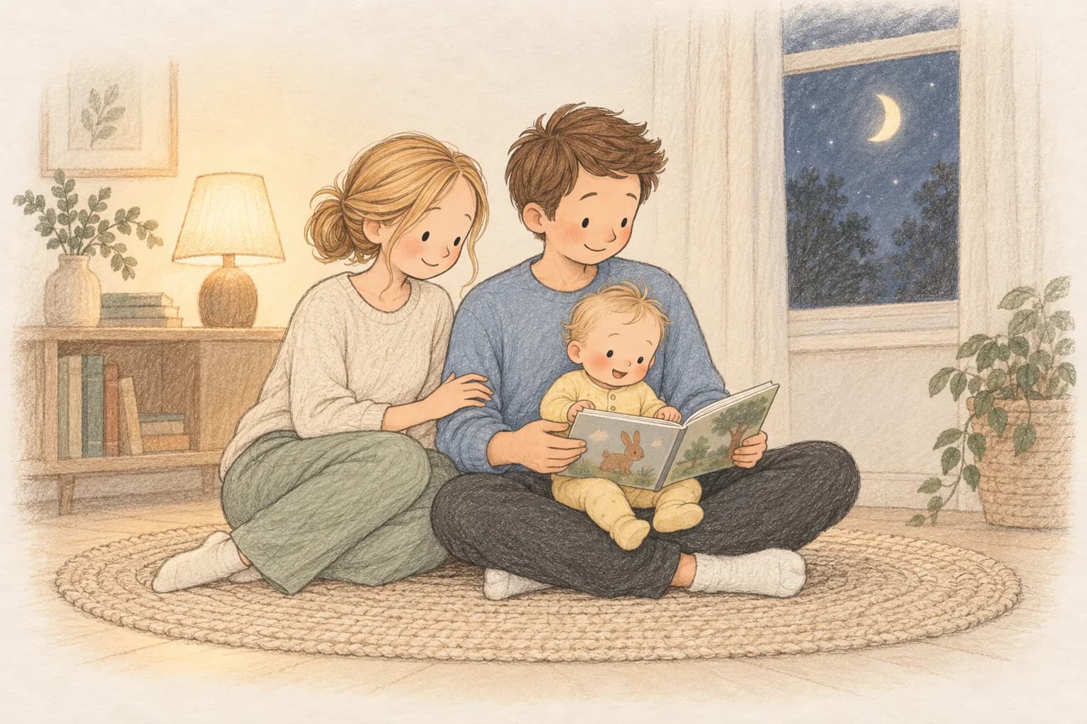 Storybook illustration of parents sharing a quiet bedtime book with their eight-month-old baby.