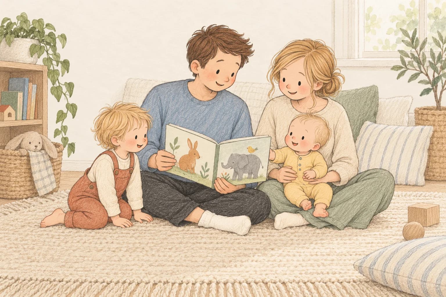 Parents and their toddler share a picture book with an awake baby supported on the mother’s lap.