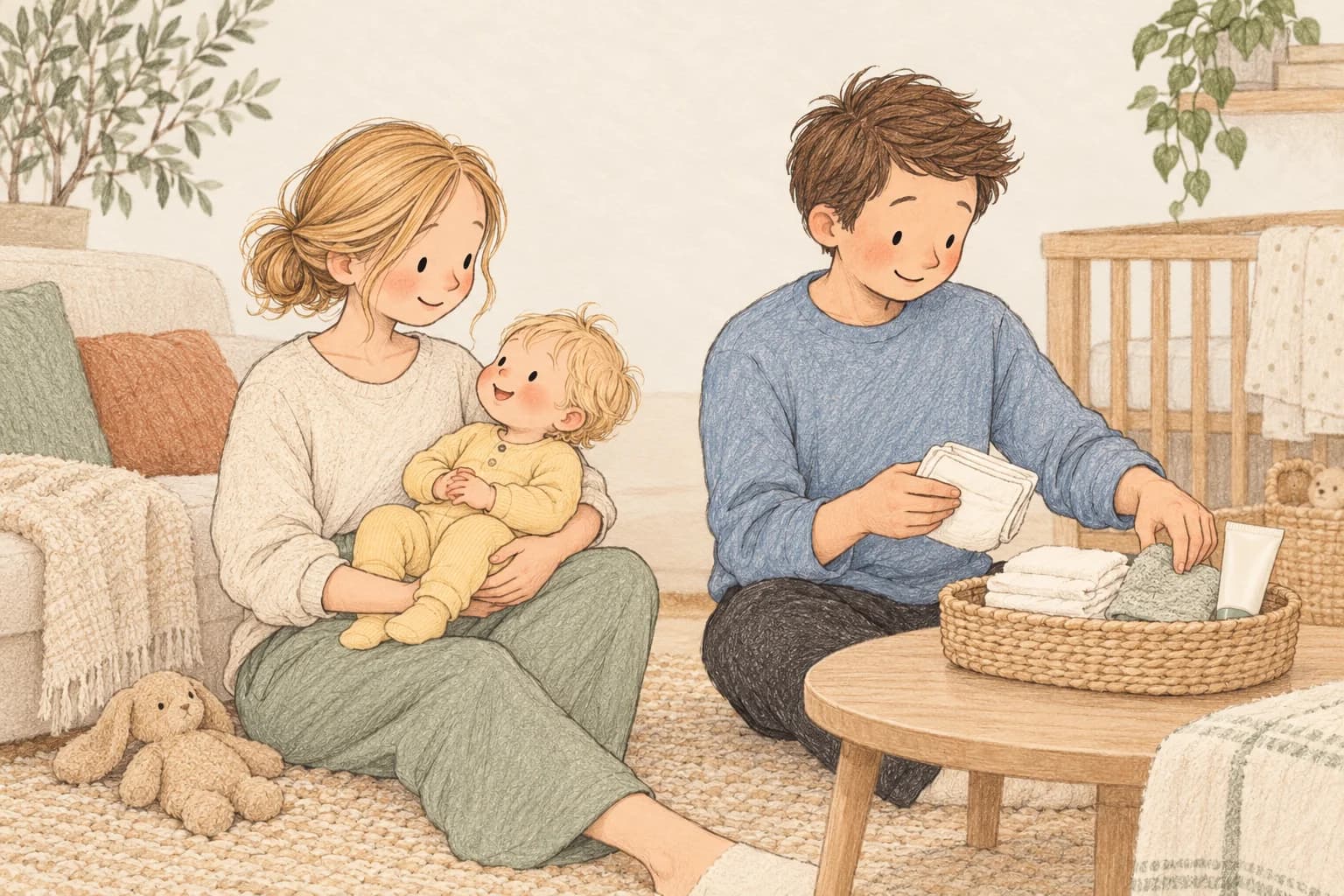 A mother holds their clothed, awake baby while the father prepares nappies, a washcloth, and a closed cream tube.