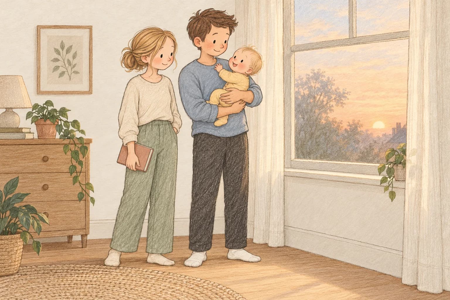 An awake father holds his baby near a dawn-lit window while the mother stands beside them.