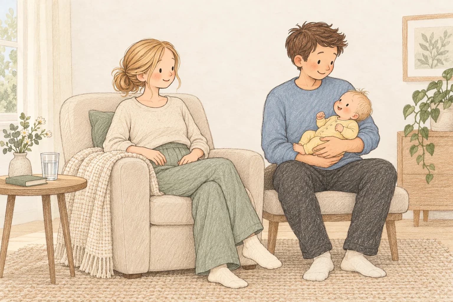 A mother rests in an armchair while the father securely cradles their awake infant beside her.