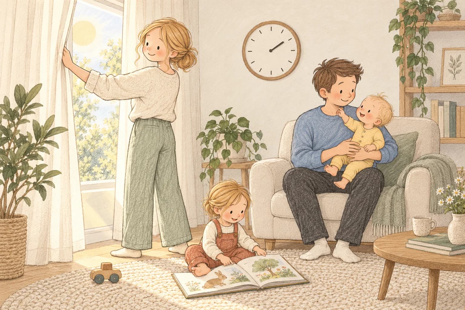 A mother opens the curtains while the father holds their awake baby and their toddler looks at a book.