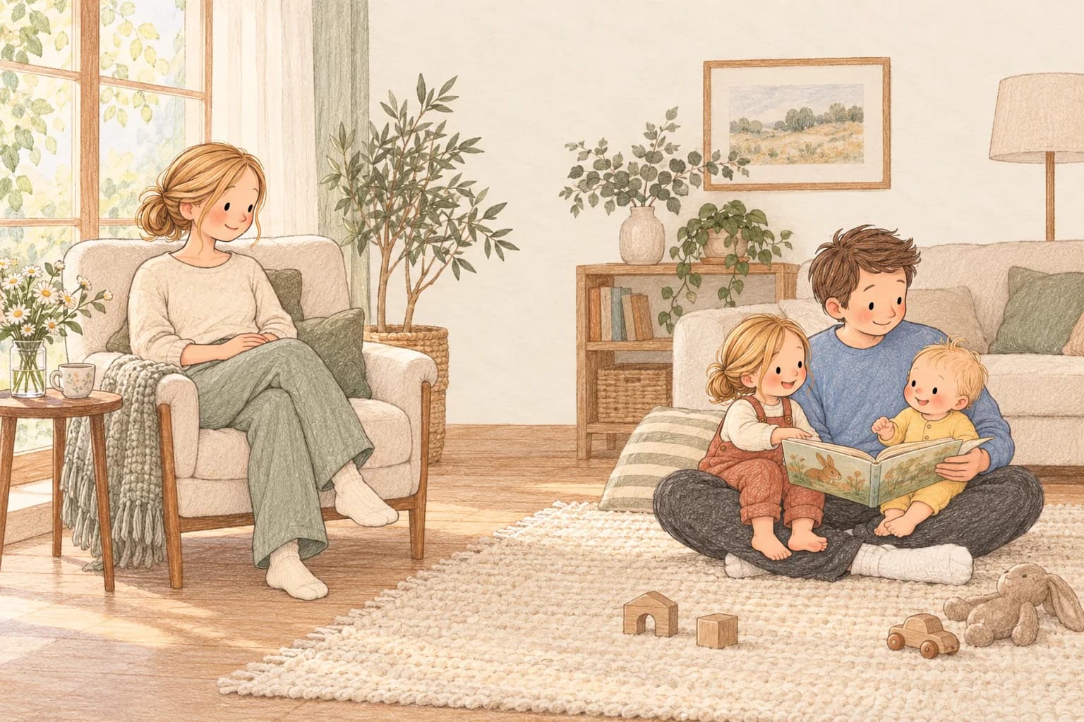 A mother enjoys a quiet moment while the father reads with their two awake children across the room.
