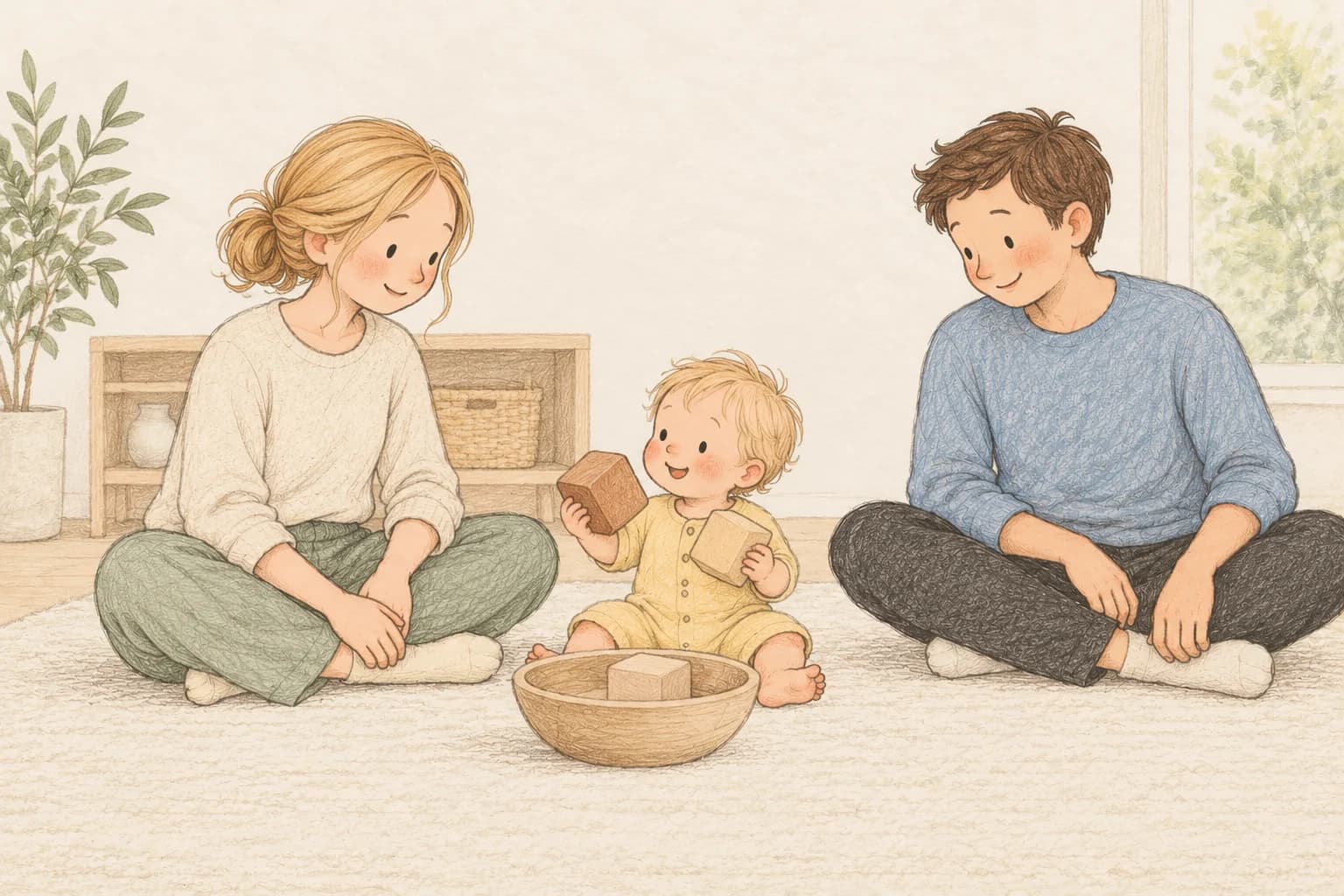An awake baby explores large wooden blocks in a shallow bowl while both parents sit close by on the floor.