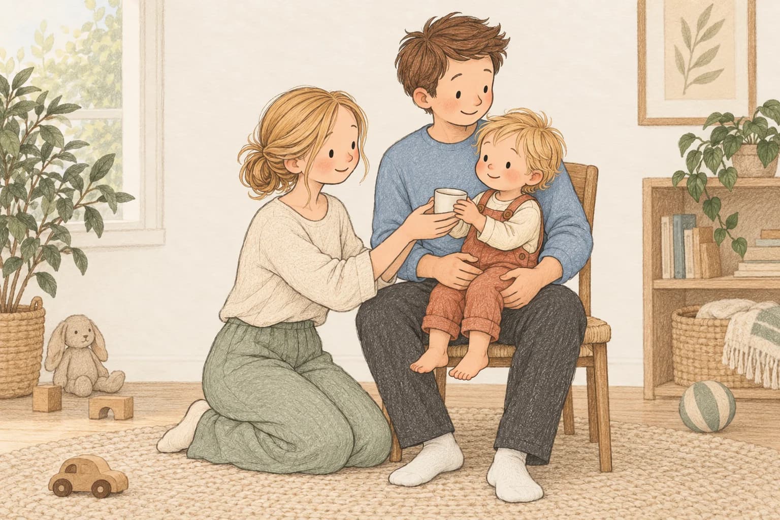 A father holds an awake toddler while the mother offers a drink, illustrating calm care during illness.