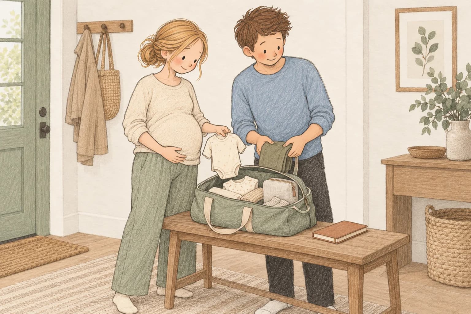 Expectant parents organize baby clothes and essentials beside an open hospital bag.
