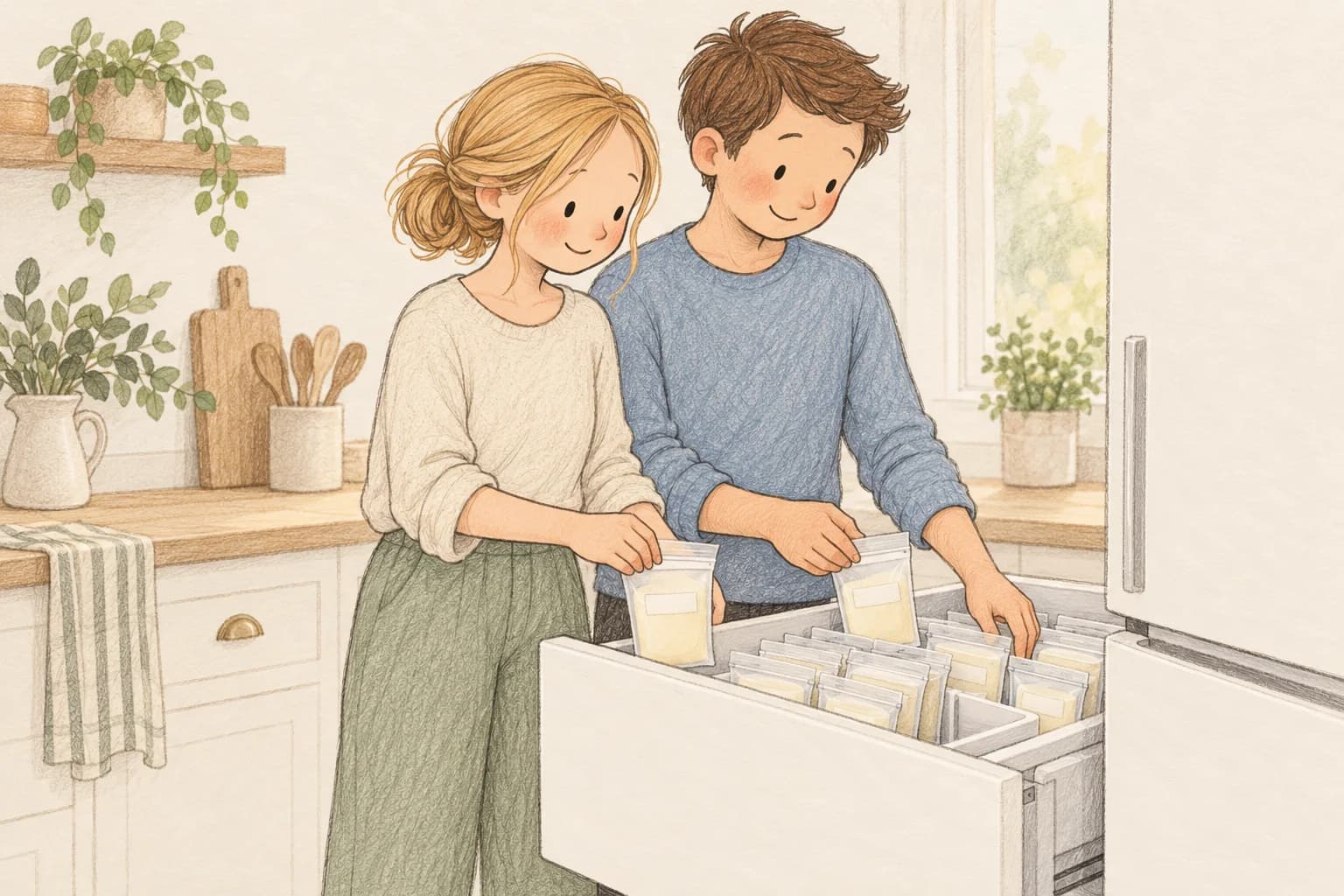 Parents organize sealed breast-milk storage bags in a freezer drawer.