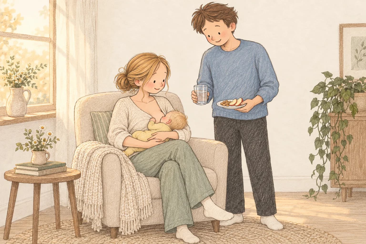 Storybook illustration of a father bringing water and a snack to a mother breastfeeding her newborn.