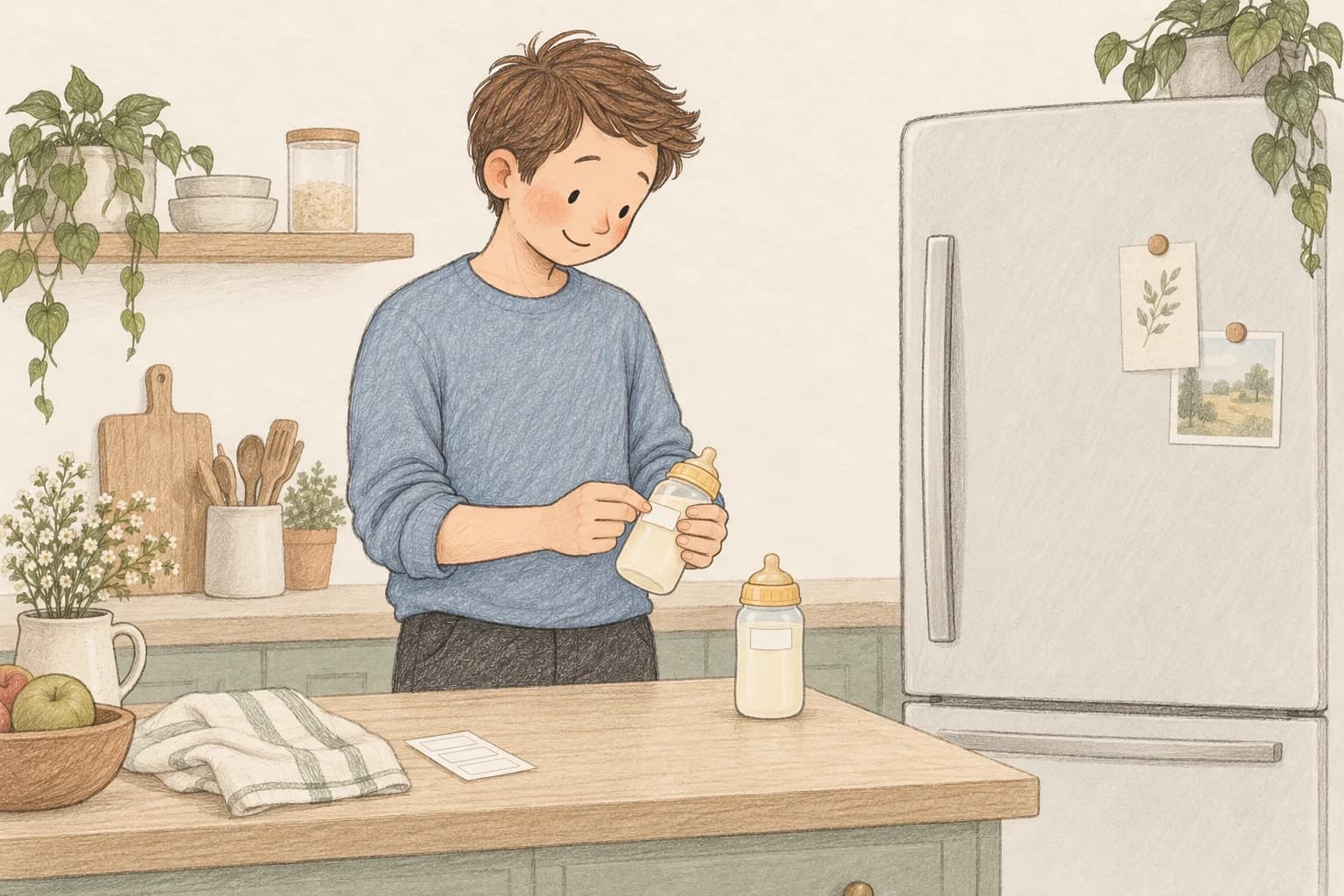 Storybook illustration of a father labeling a formula bottle beside a refrigerator.