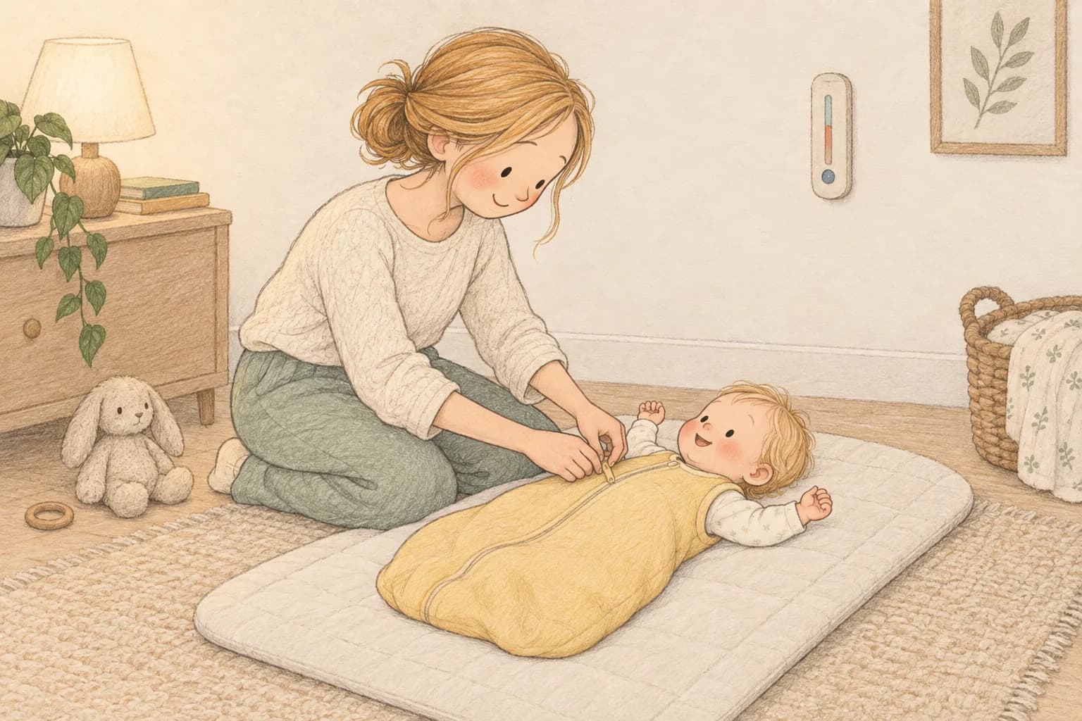 Storybook illustration of a mother fastening a fitted sleep sack on her baby on a low floor mat.