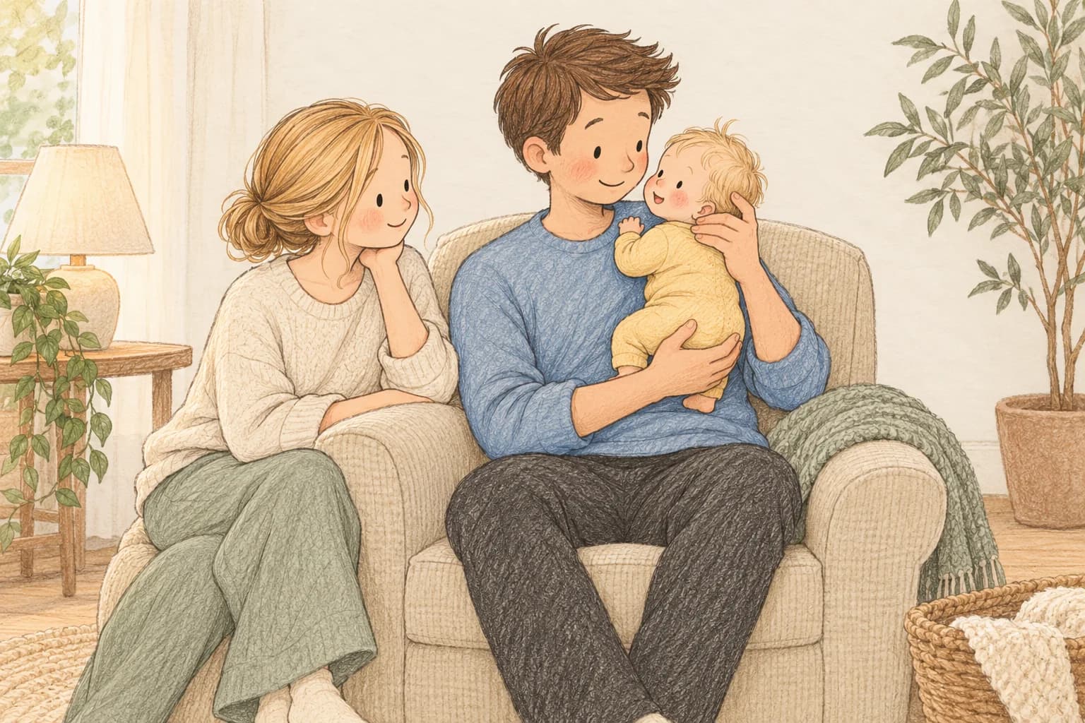 An awake father supports his infant upright against his shoulder while the mother sits beside them.