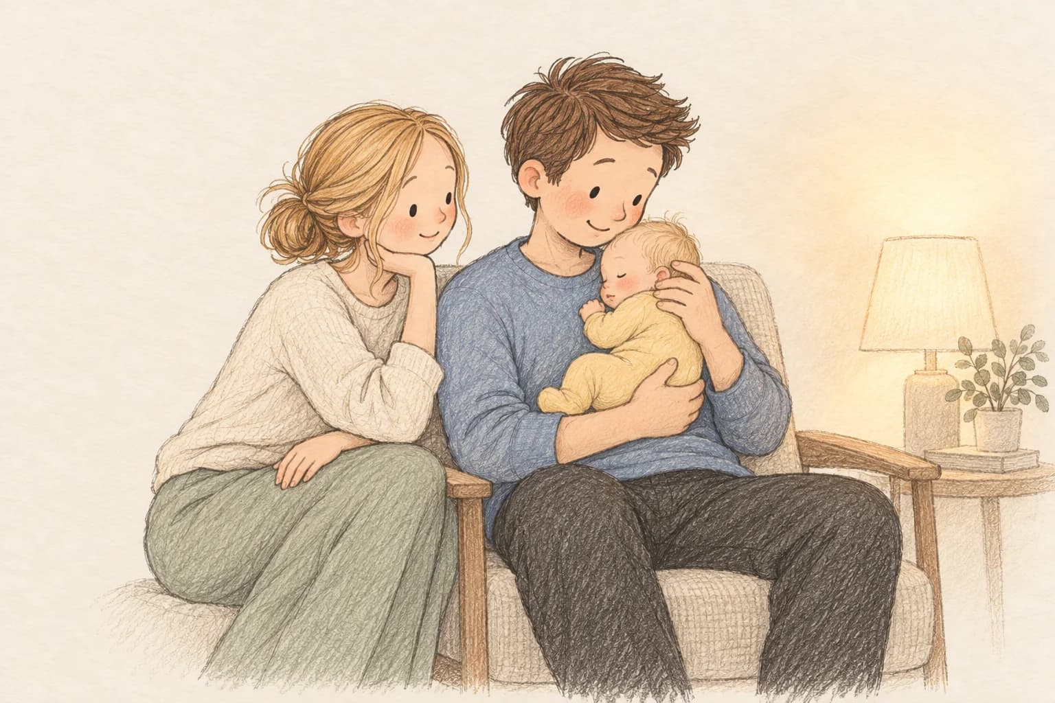 Storybook illustration of an awake father gently comforting his newborn with head and neck supported.
