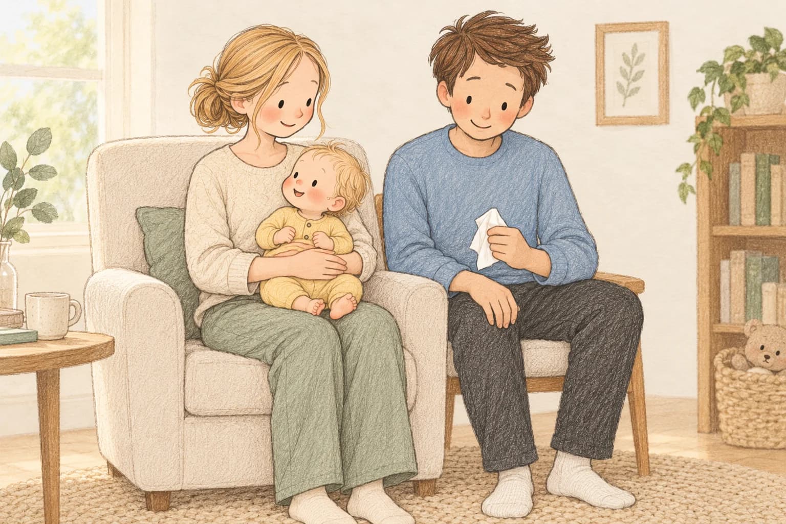 A mother securely holds her awake baby while the father sits beside them with a clean tissue.