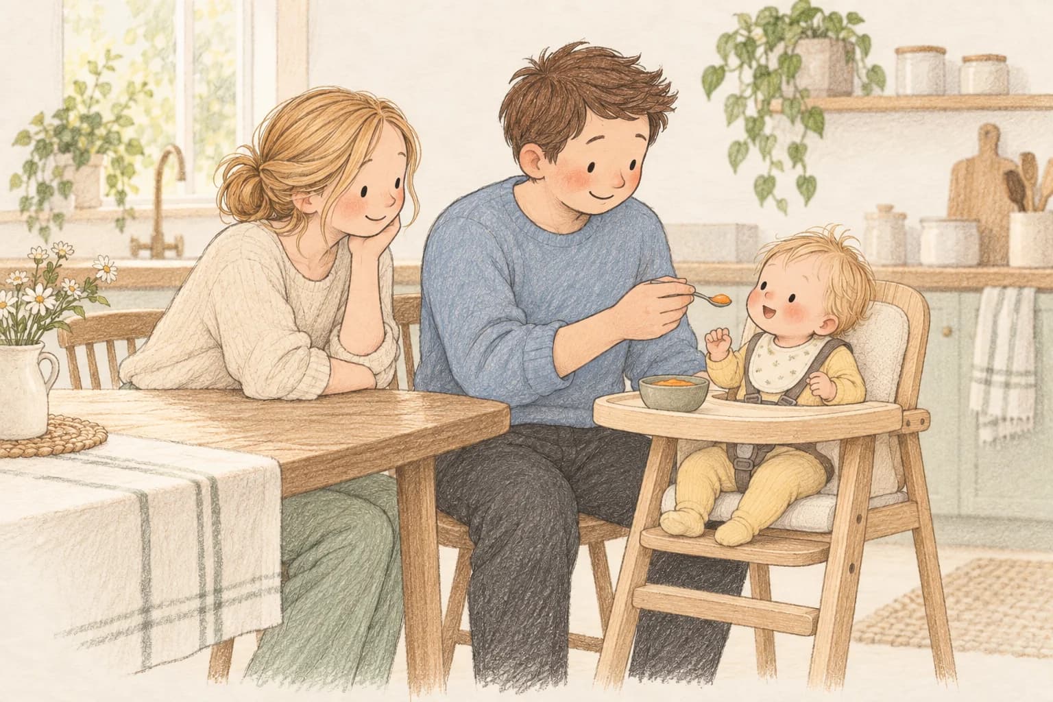 Storybook illustration of a father offering purée to his baby seated upright and secured in a high chair.
