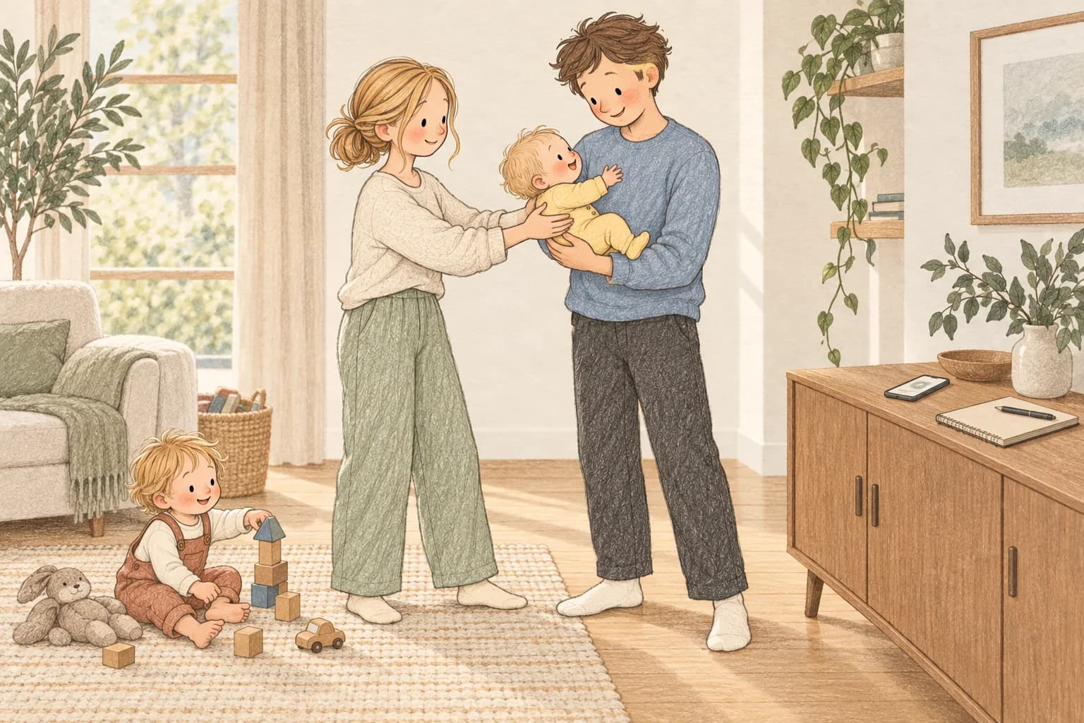 Parents gently hand their awake baby between them while a toddler plays beside a shared routine notebook.