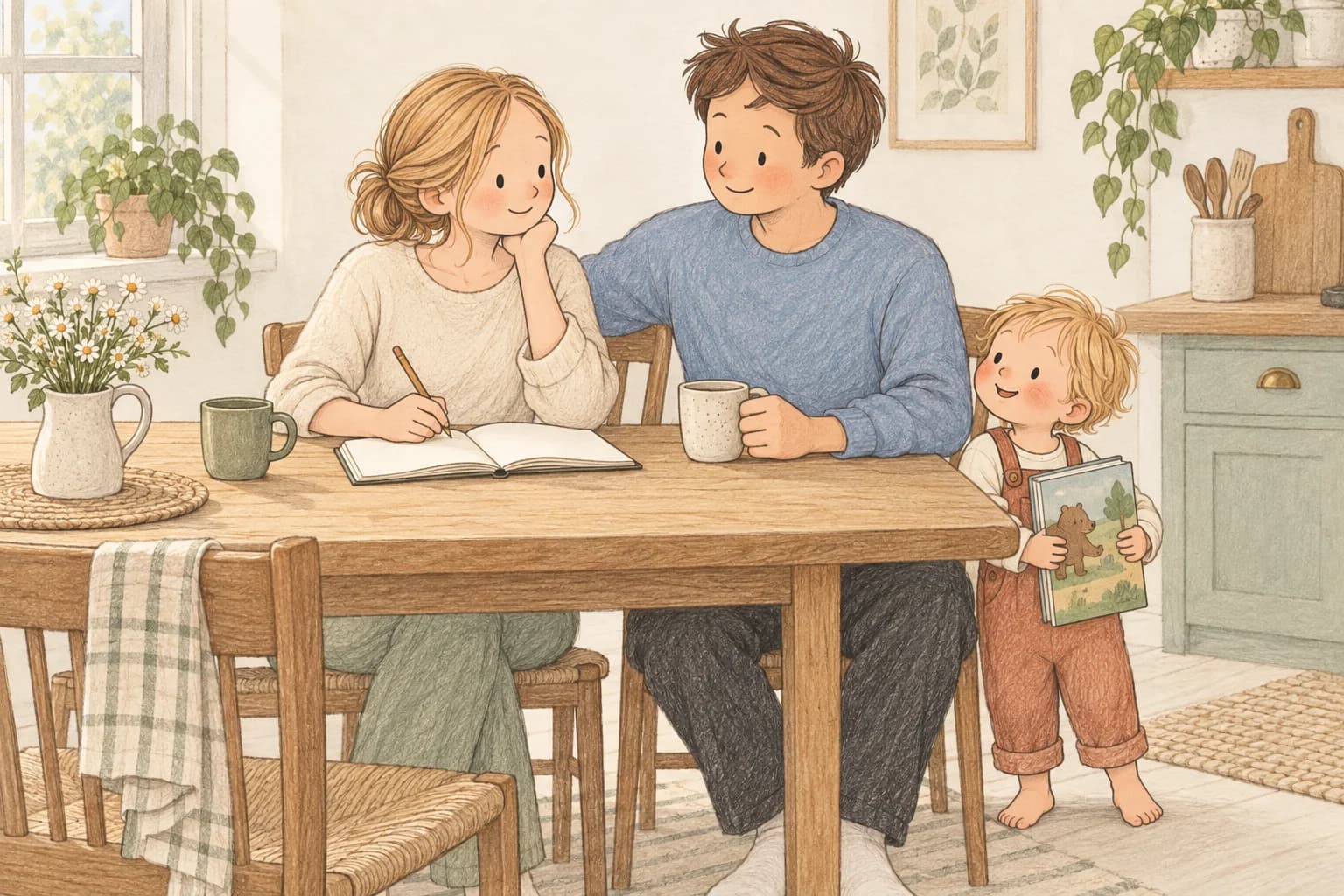Parents talk beside a blank notebook while their toddler stands nearby holding a picture book.