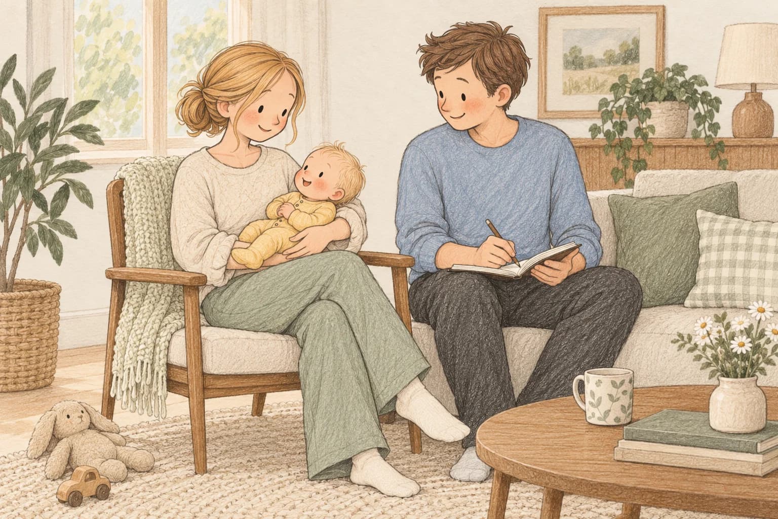A mother cradles her awake infant while the father makes a brief note about feeding and nappies.