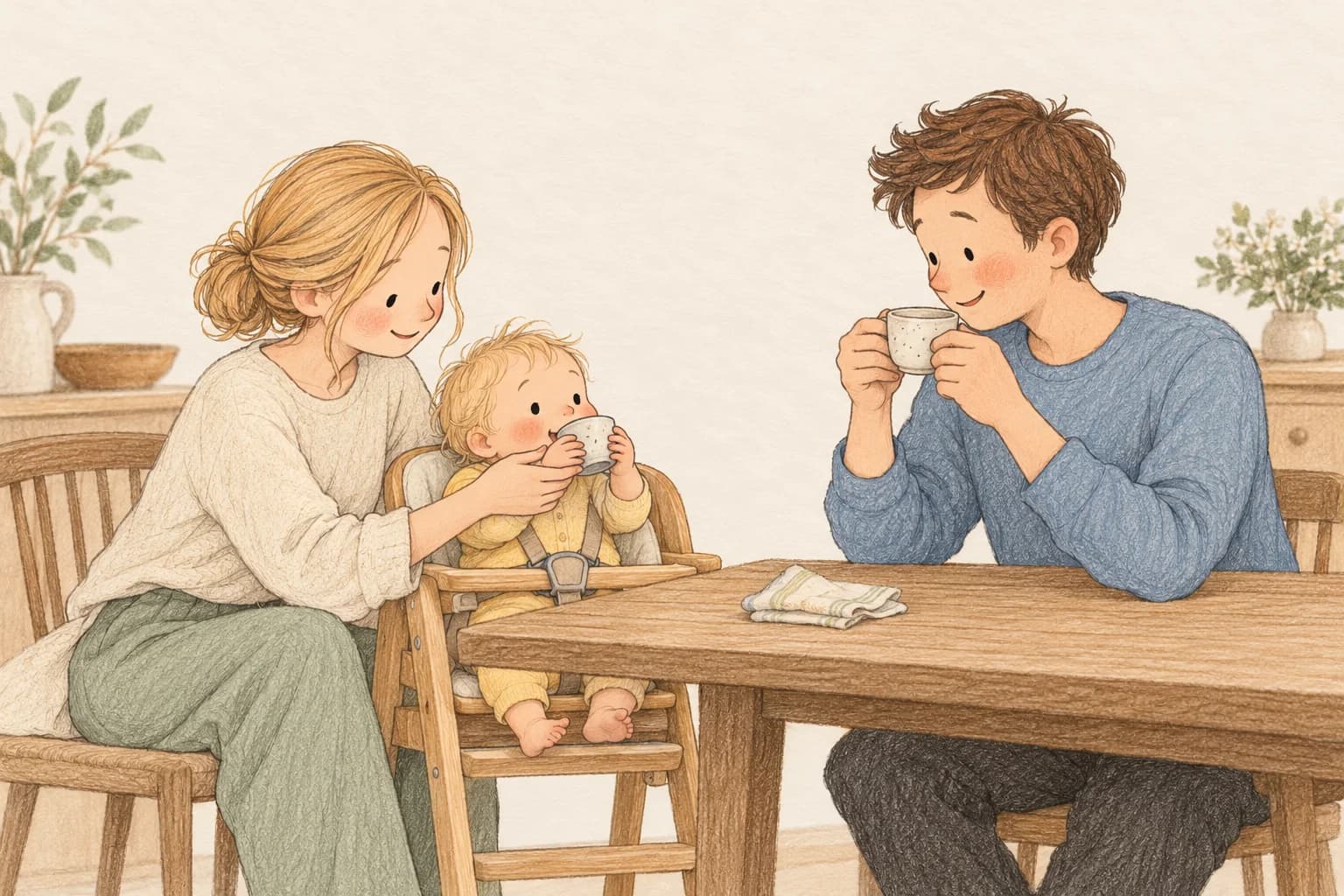 A mother guides her seated baby’s open cup while the father demonstrates drinking from his own cup.