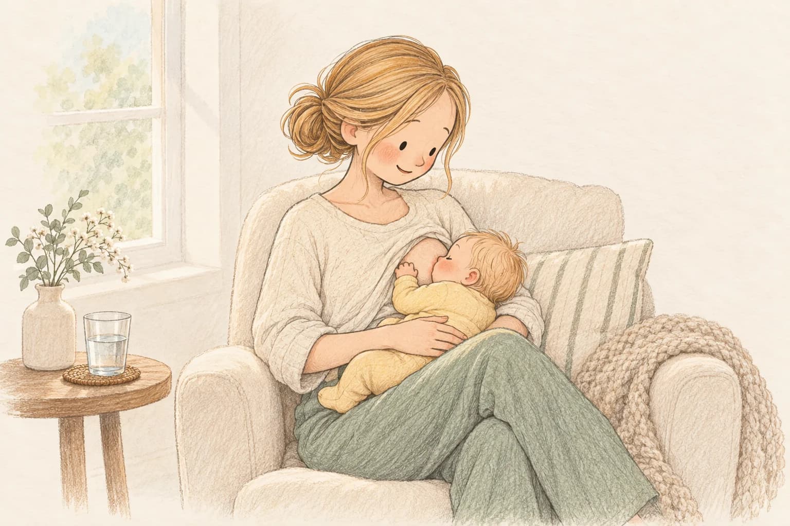 Storybook illustration of a mother comfortably breastfeeding her supported newborn beside a softly lit window.