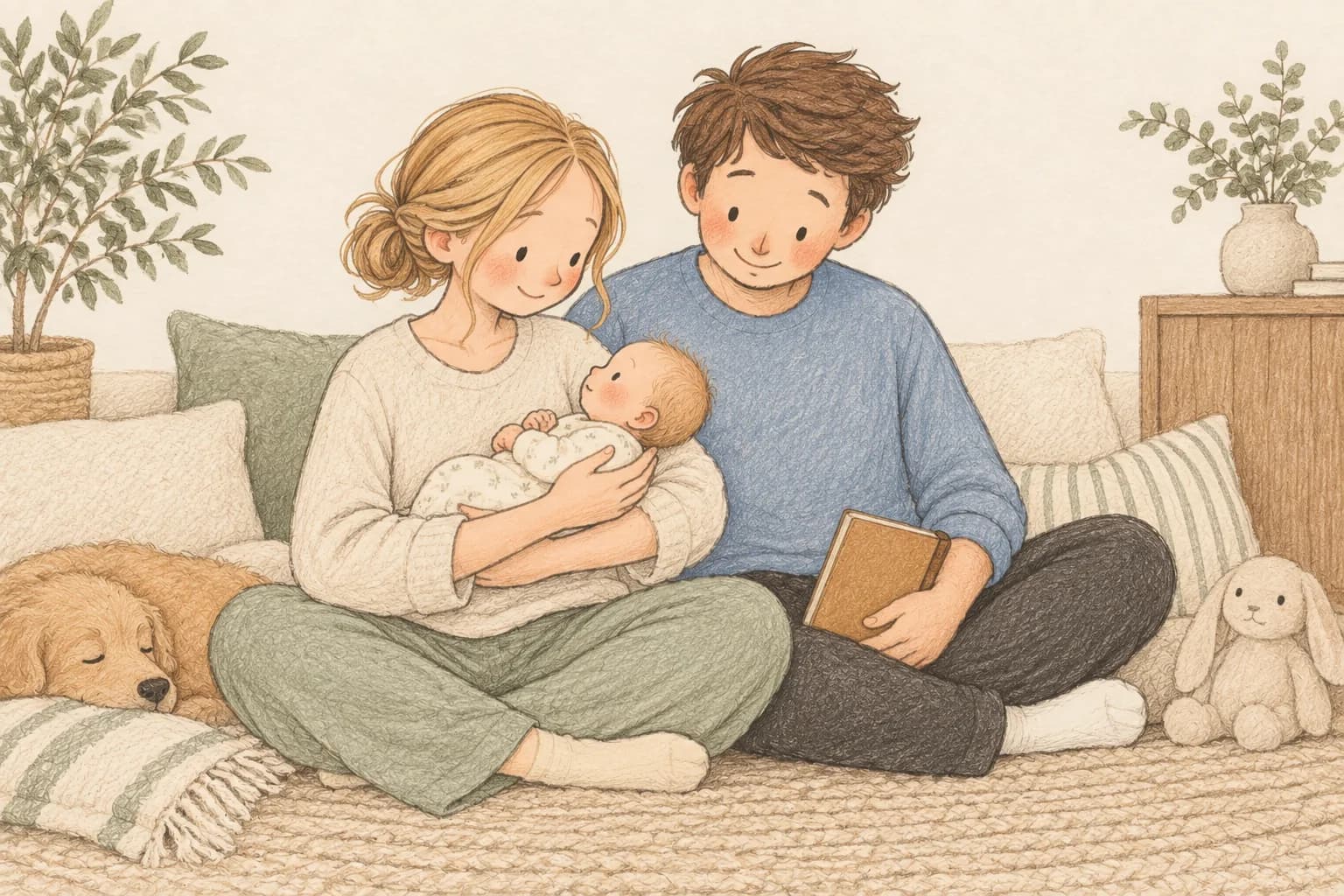 Parents look at their alert newborn, securely cradled in the mother’s arms, with a feeding notebook nearby.